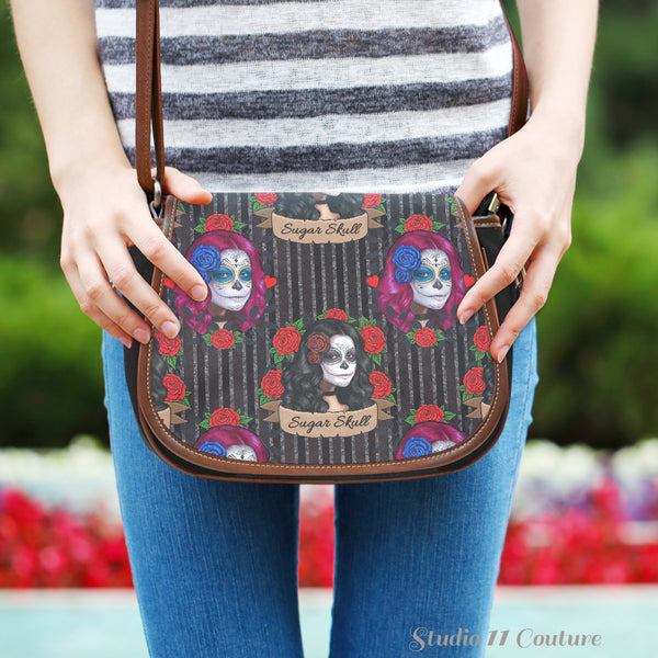 Sugarskull (J1) Crossbody Shoulder Canvas Leather Saddle Bag