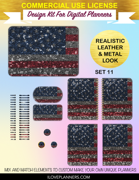 Patriotic Glitter Cover Kit for Digital Planners, Spirals, Coils, Customize Your Digital Planners, Commercial Use OK, Digital Planners, Digital Journals, Compatible for PC, Mac, Canva. #111