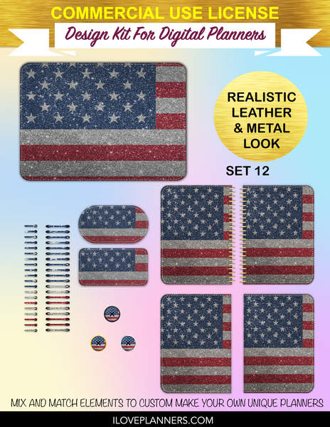 Patriotic Glitter Cover Kit for Digital Planners, Spirals, Coils, Customize Your Digital Planners, Commercial Use OK, Digital Planners, Digital Journals, Compatible for PC, Mac, Canva. #111