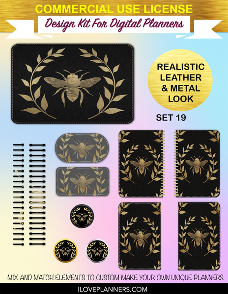 Distressed Golden Bee Digital Planners, Spirals, Coils, Customize Your Digital Planners, Commercial Use OK, Digital Planners, Digital Journals, Compatible for PC, Mac, CANVA. #43