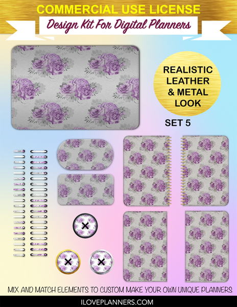 Purple and Silver Floral Digital Planners, Spirals, Coils, Customize Your Digital Planners, Commercial Use OK, Digital Planners, Digital Journals, Compatible for PC, Mac, CANVA. #39