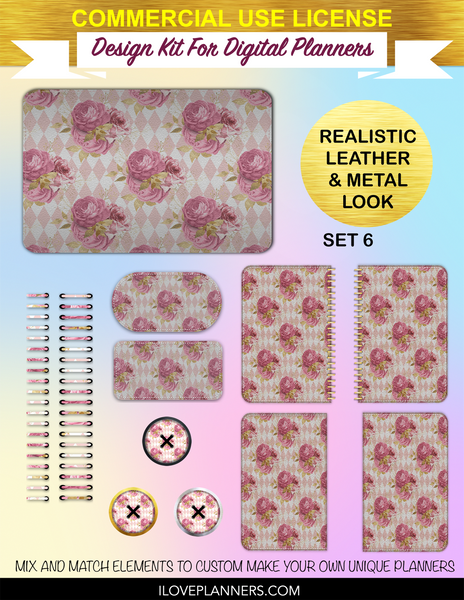 Pink and Gold Floral Digital Planners, Spirals, Coils, Customize Your Digital Planners, Commercial Use OK, Digital Planners, Digital Journals, Compatible for PC, Mac, CANVA. #38