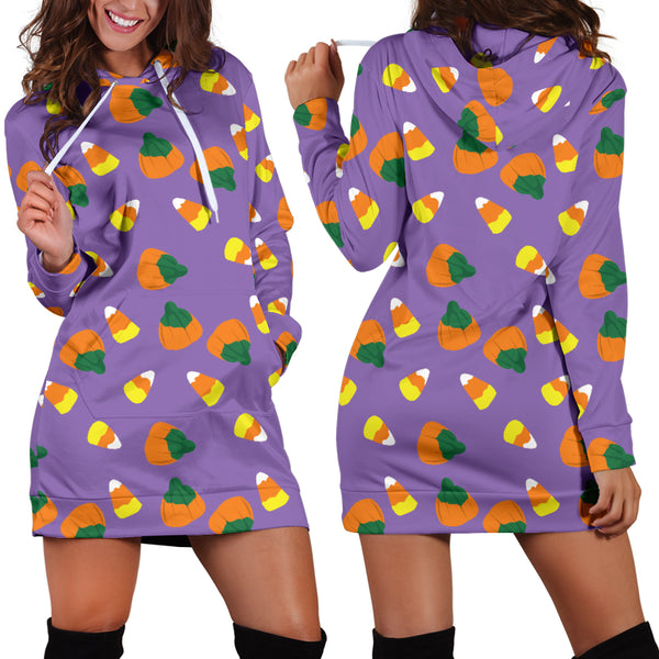 Studio11Couture Women Hoodie Dress Hooded Tunic Purple Candy Corn Halloween Athleisure Sweatshirt