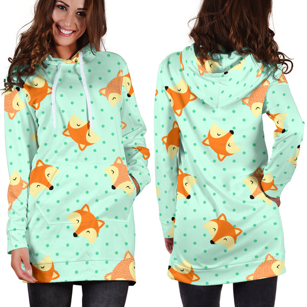 Studio11Couture Women Hoodie Dress Hooded Tunic Cute Green Dot Fox Athleisure Sweatshirt