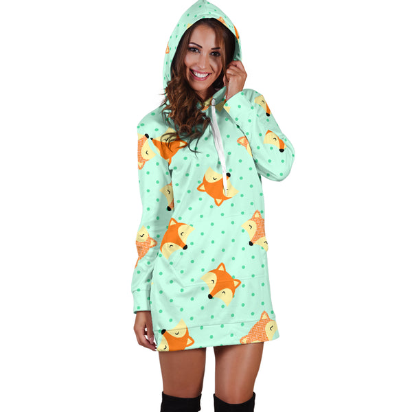 Studio11Couture Women Hoodie Dress Hooded Tunic Cute Green Dot Fox Athleisure Sweatshirt