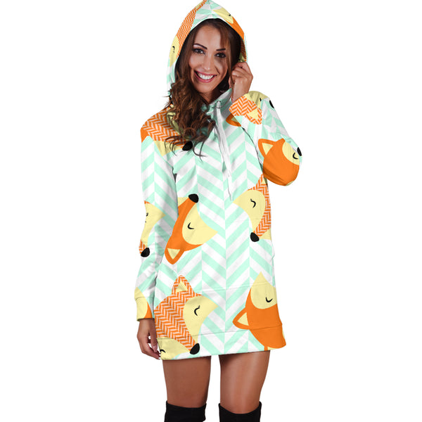 Studio11Couture Women Hoodie Dress Hooded Tunic Cute Green Zigzag Large Fox Athleisure Sweatshirt