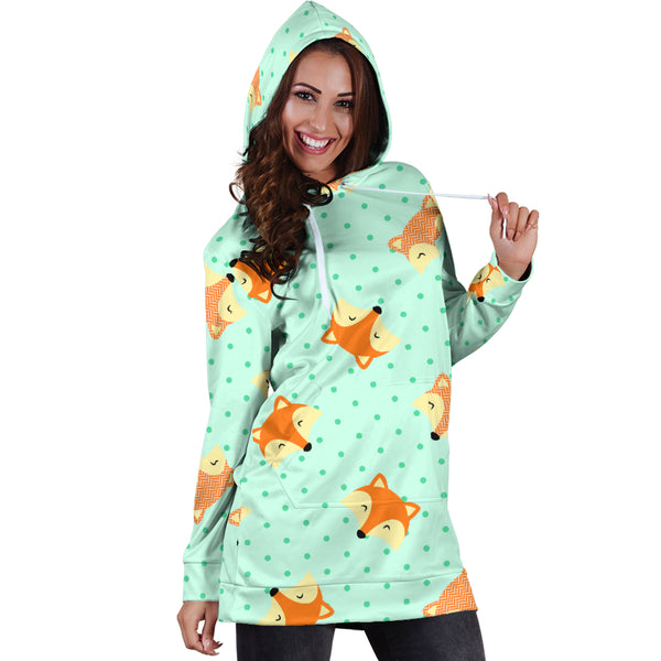 Studio11Couture Women Hoodie Dress Hooded Tunic Cute Green Dot Fox Athleisure Sweatshirt