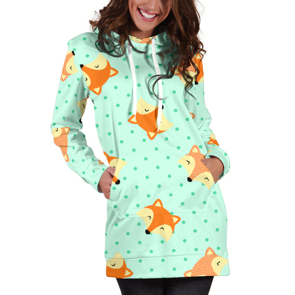 Studio11Couture Women Hoodie Dress Hooded Tunic Cute Green Dot Fox Athleisure Sweatshirt